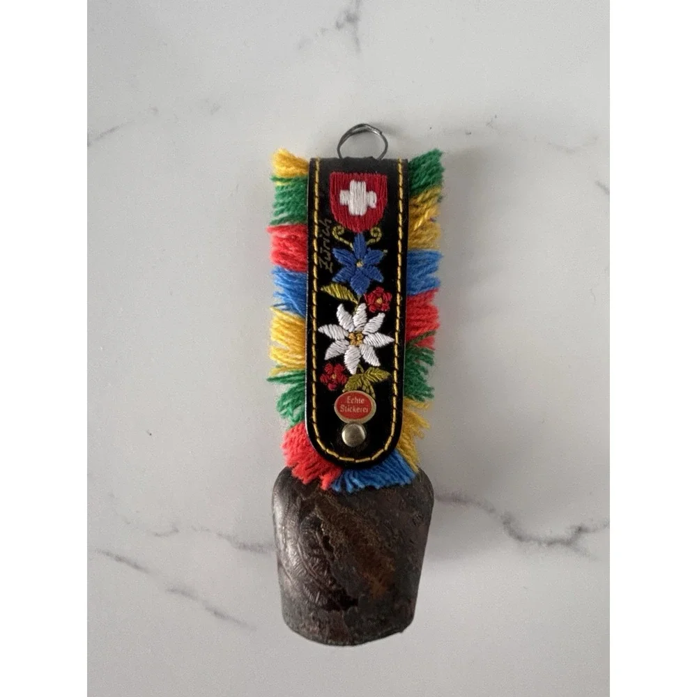 Vtg. Handcrafted Swiss Cow Bell Hammered Metal Leather Embroidered Fringed Strap
